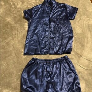 Joan Vass Navy Blue Satin Pajama Set